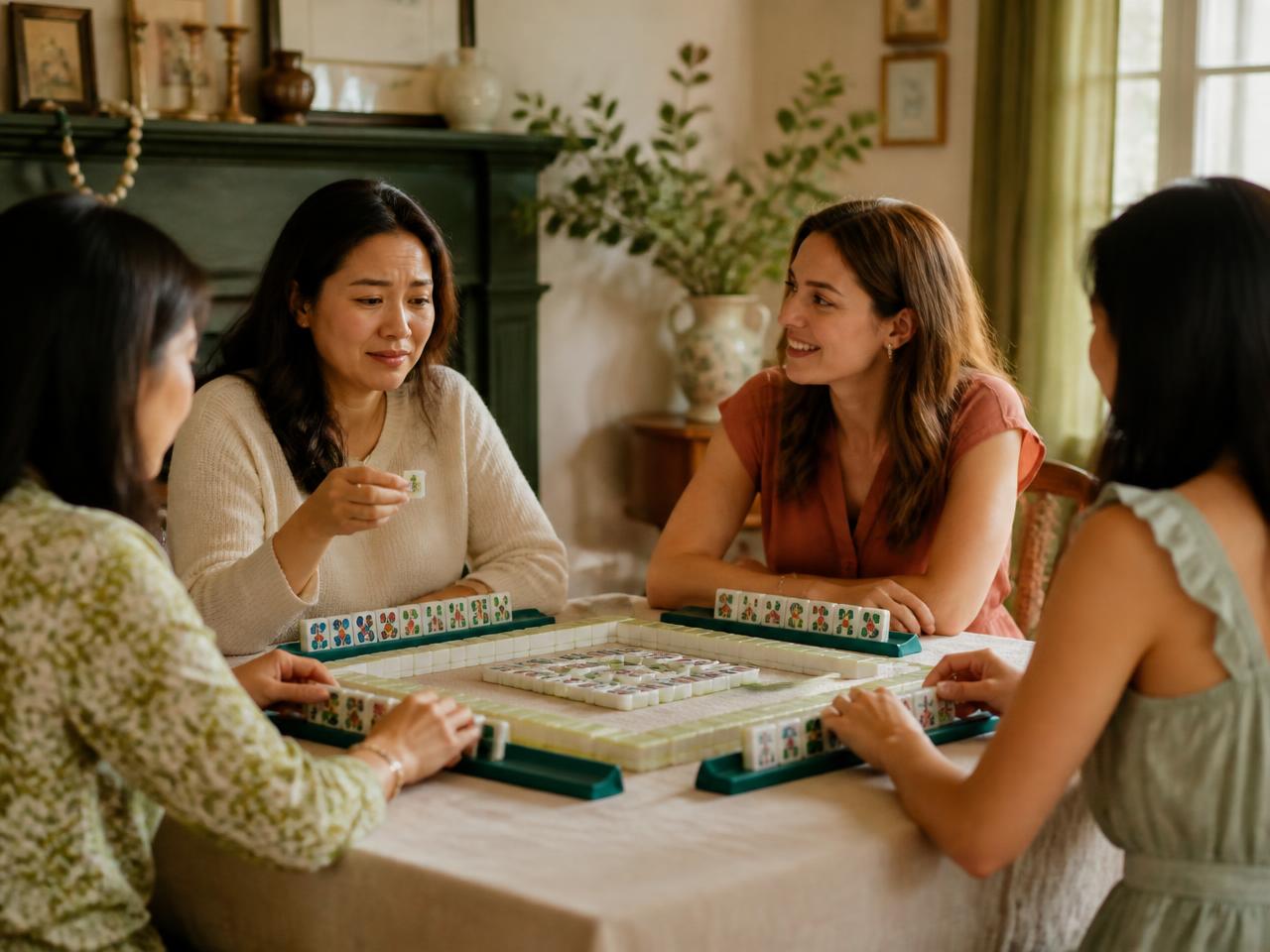 Cuatro amigas jugando Mahjong Americano en una mesa de casa